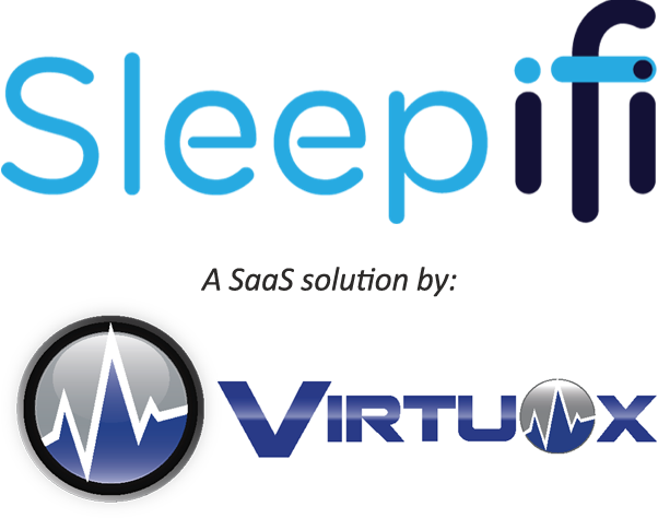 Sleepifi Virtuox Logo - Blue sans-serif type with stylized ifi above Blue and gray Virtuox logo