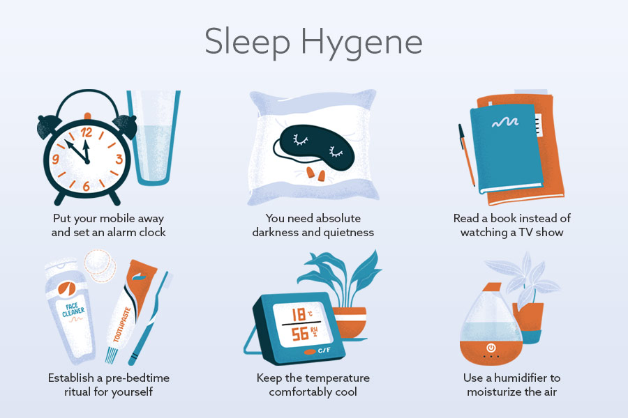 Illustrated icons representing good sleep habits